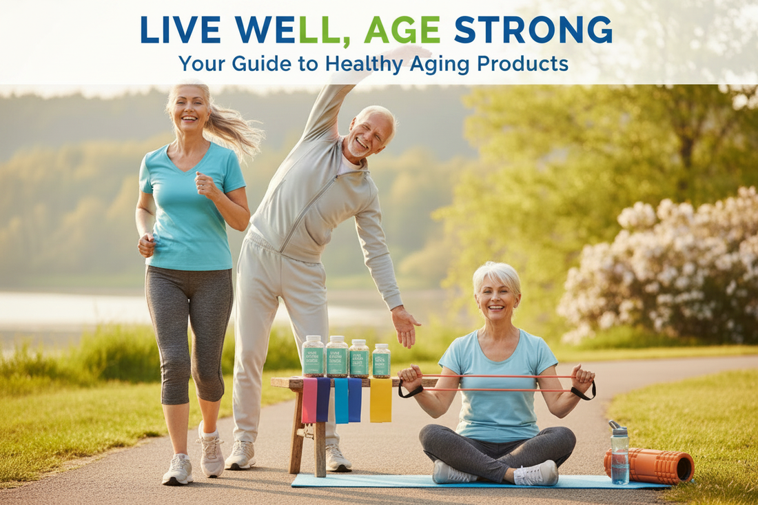 "Three active seniors stretching and brisk walking together with smiling and energetic faces> bold dark blue text overlay reading "Live well| age strong| your guide to healthy aging products"